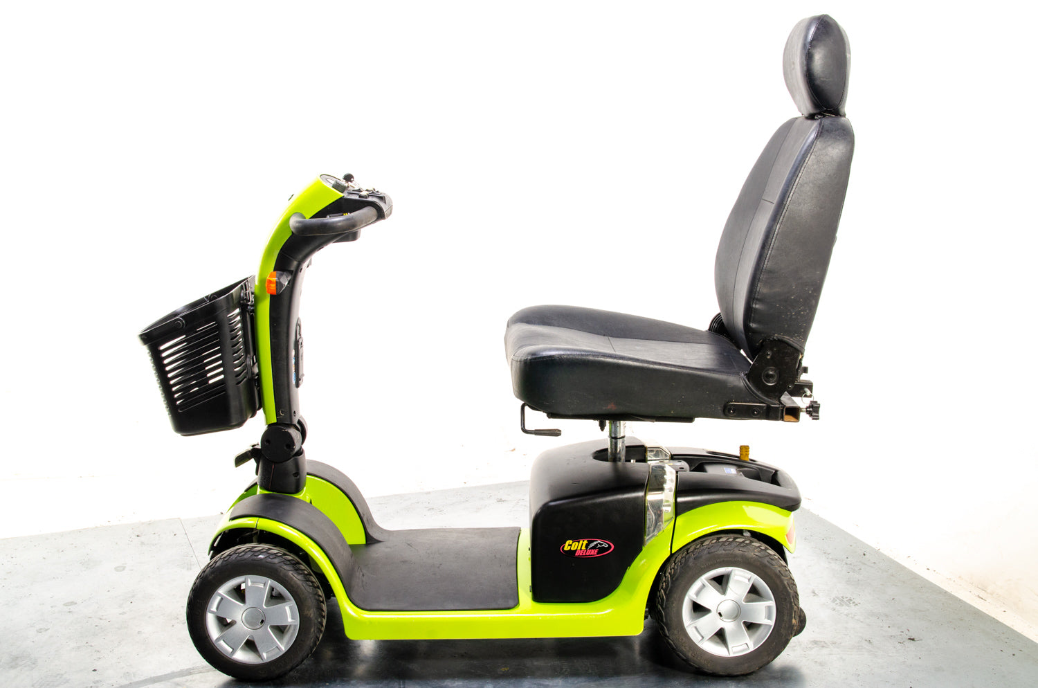 Pride Colt Deluxe Used Electric Mobility Scooter 6mph Transportable Road Pavement Seat Post Suspension Solid Tyres Lime Green 13443