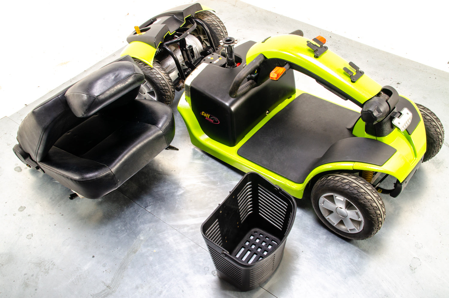 Pride Colt Deluxe Used Electric Mobility Scooter 6mph Transportable Road Pavement Seat Post Suspension Solid Tyres Lime Green 13443 Secondary image