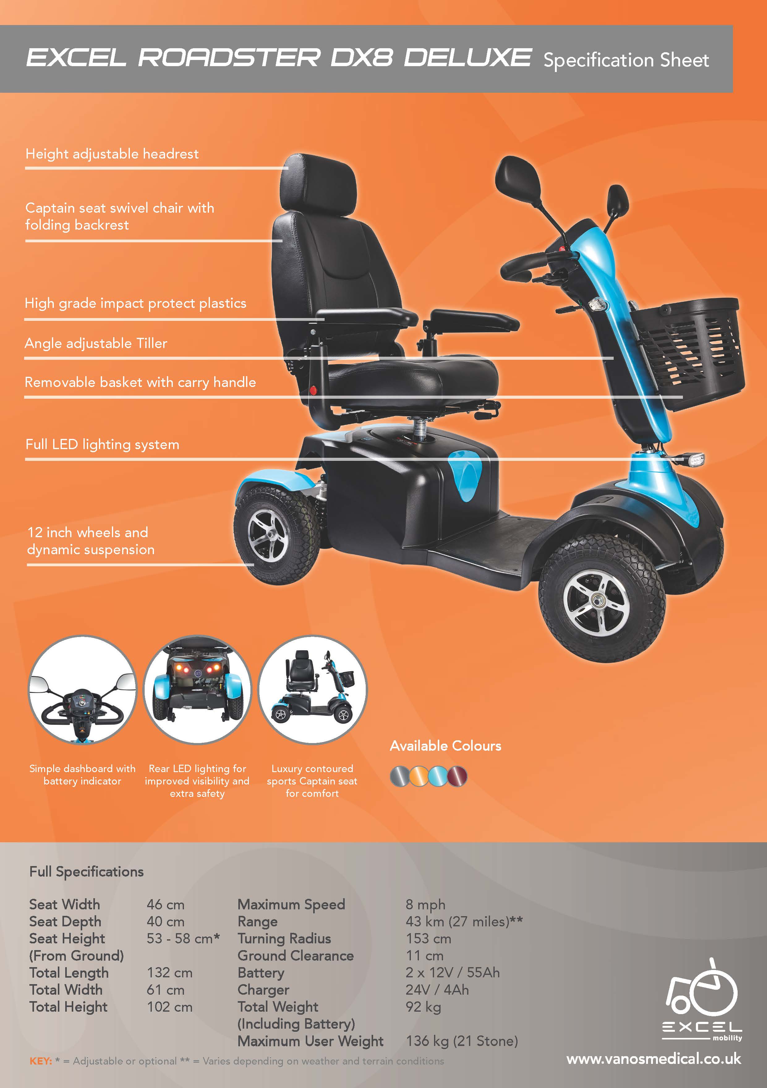 Excel Roadster DX8 Deluxe Used Mobility Scooter 8mph Suspension Pneumatic Tyres Road Pavement Van Os 13354